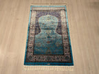 Blue Silk Muslim Prayer Rug, Islamic Gift Rug (2.62X4.10 ft)