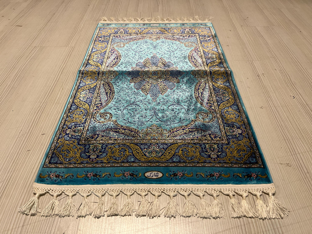 Blue Mini Silk Rug, Small Turkish Table Rug (2x3 ft)