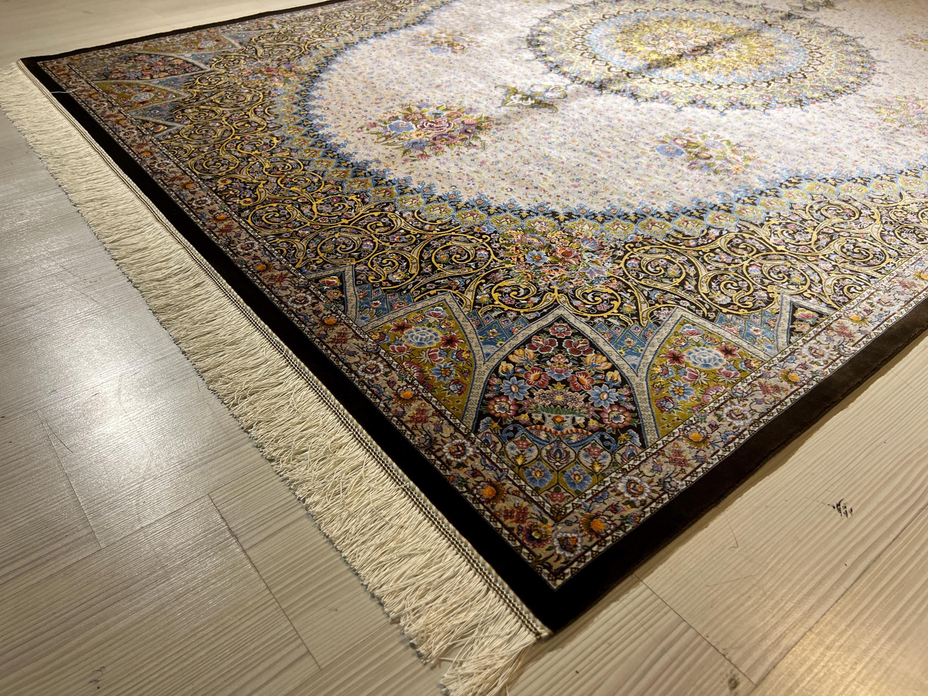 5x8 ft Cream Silk Area Rug, Floral Medallion Design, Turkish Living Room Decor