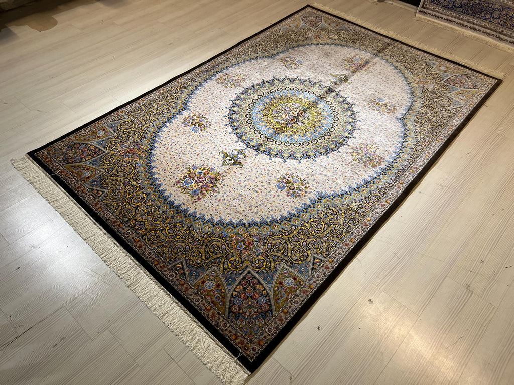 5x8 ft Cream Silk Area Rug, Floral Medallion Design, Turkish Living Room Decor