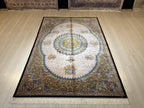 5x8 ft Cream Silk Area Rug, Floral Medallion Design, Turkish Living Room Decor