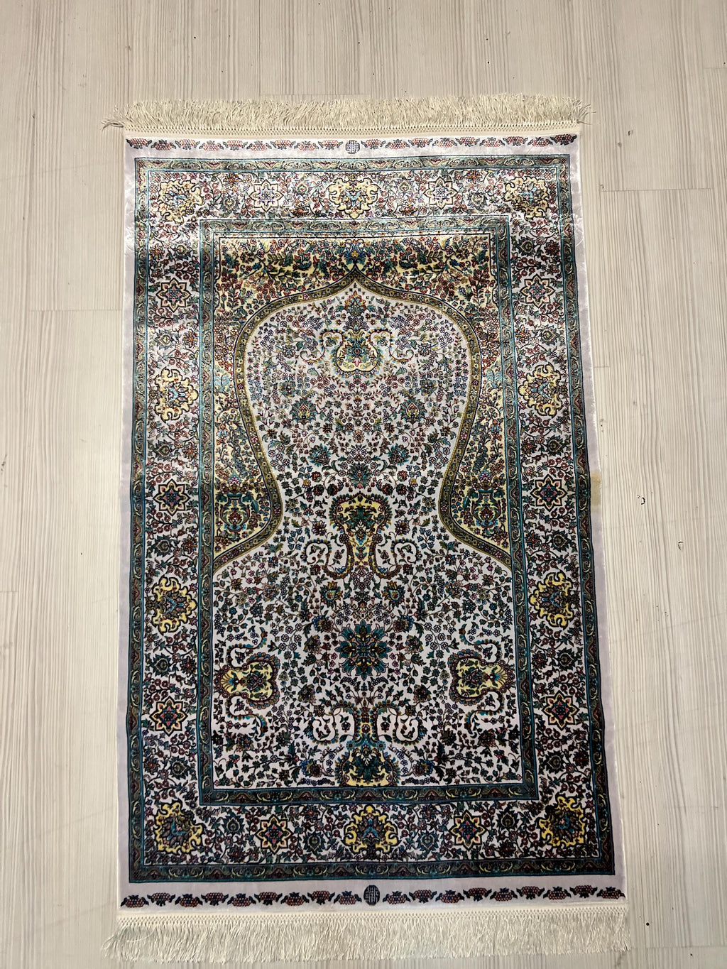 Ivory Floral Mihrab Modal Silk Rug 2.6x4.1 ft, Prayer Design Accent Area Rug