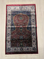 Red Blue Bamboo Silk Prayer Rug, Luxury Janamaz (2.62X4.10 ft)