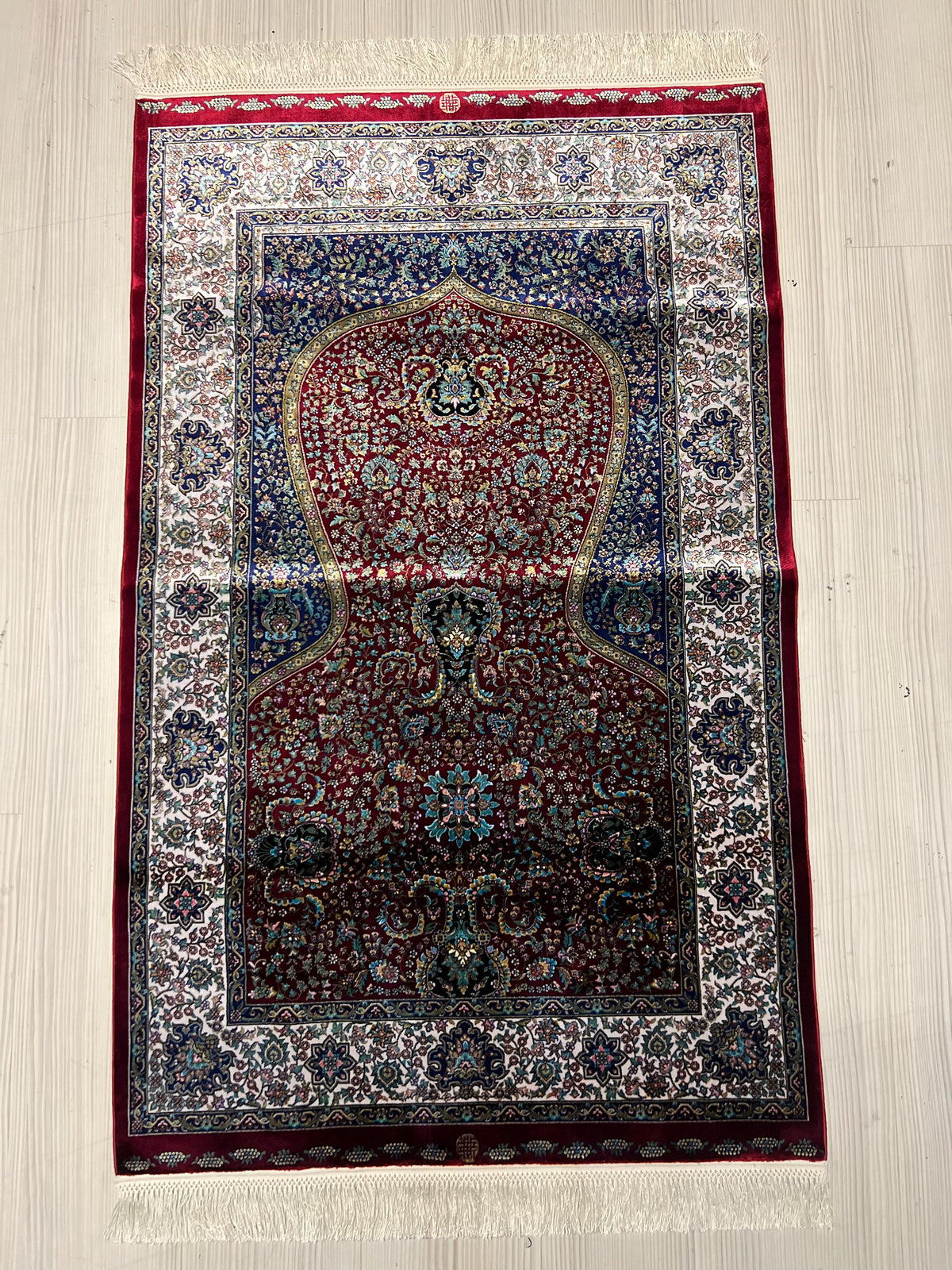 Red Blue Bamboo Silk Prayer Rug, Luxury Janamaz (2.62X4.10 ft)