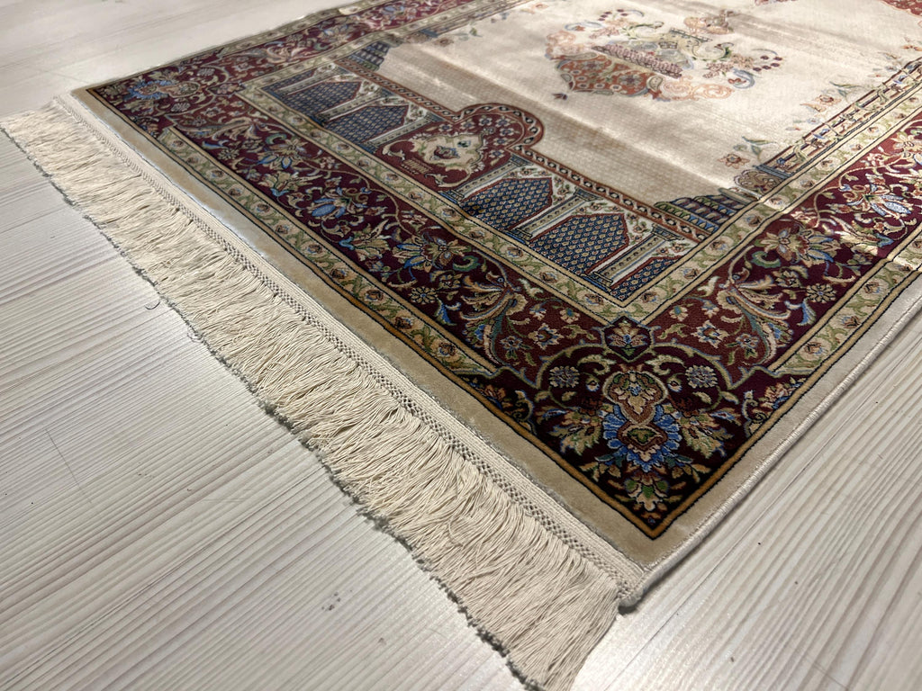 3x4 ft Modal Silk Prayer Rug, Mihrab Floral Turkish Prayer Mat