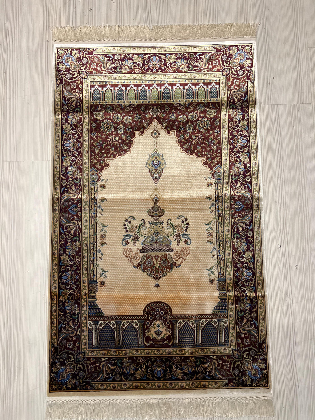 3x4 ft Modal Silk Prayer Rug, Mihrab Floral Turkish Prayer Mat
