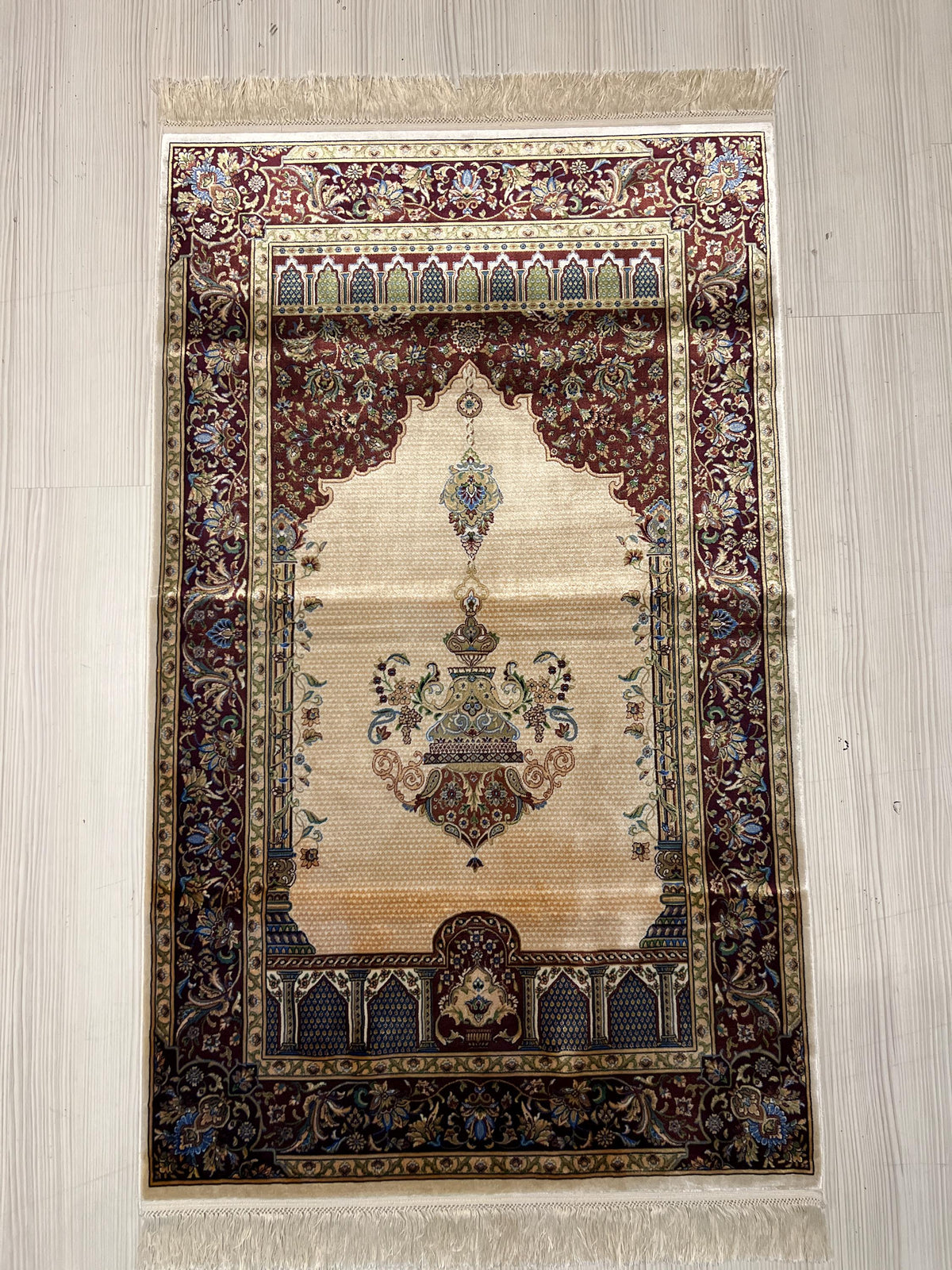 3x4 ft Modal Silk Prayer Rug, Mihrab Floral Turkish Prayer Mat
