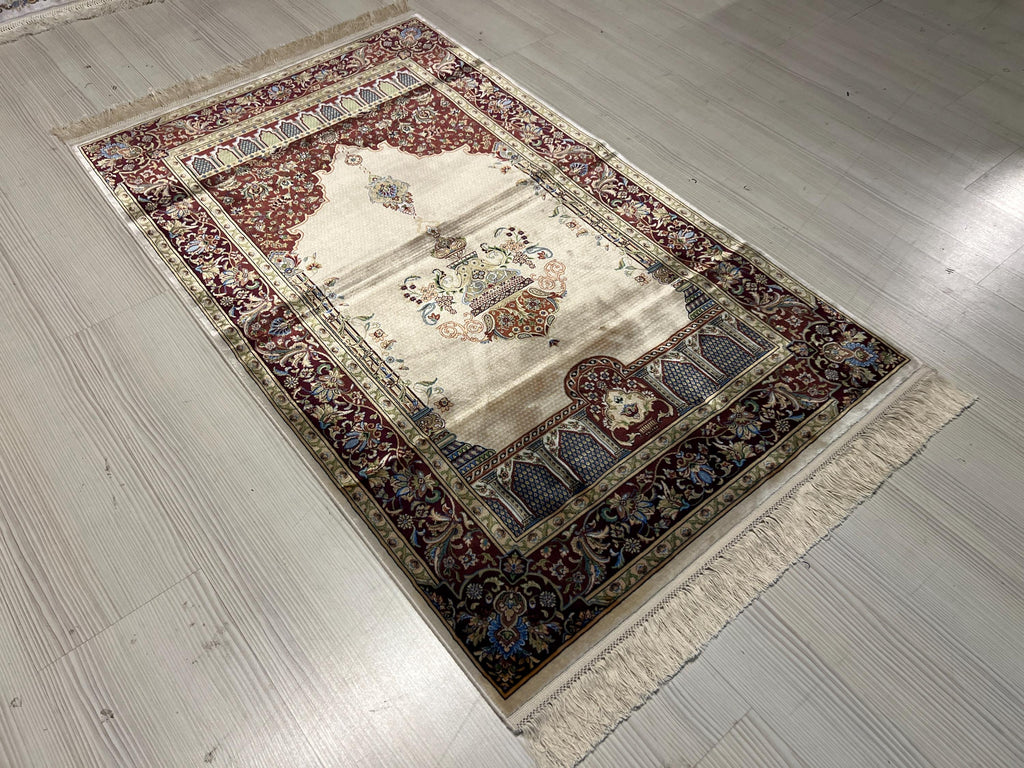 3x4 ft Modal Silk Prayer Rug, Mihrab Floral Turkish Prayer Mat