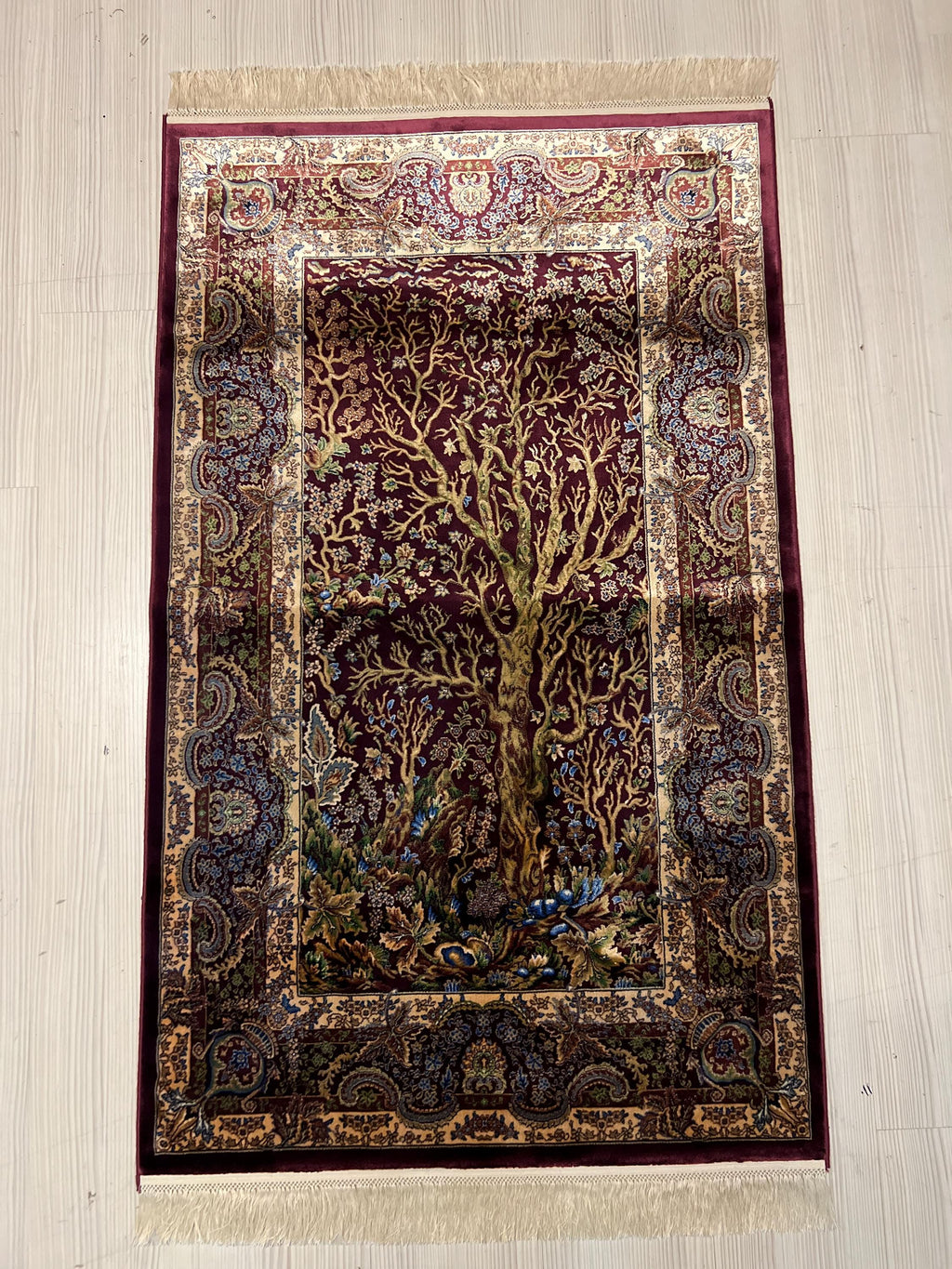 3x4 Tree Life Rug, Modal Silk Rug, Burgundy Area Carpet, Turkish Decor