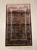 3x4 Tree Life Rug, Modal Silk Rug, Burgundy Area Carpet, Turkish Decor