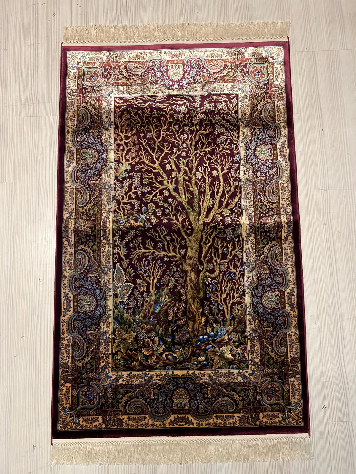 3x4 Tree Life Rug, Modal Silk Rug, Burgundy Area Carpet, Turkish Decor