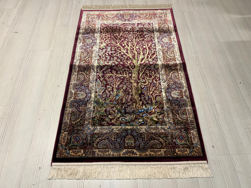 3x4 Tree Life Rug, Modal Silk Rug, Burgundy Area Carpet, Turkish Decor