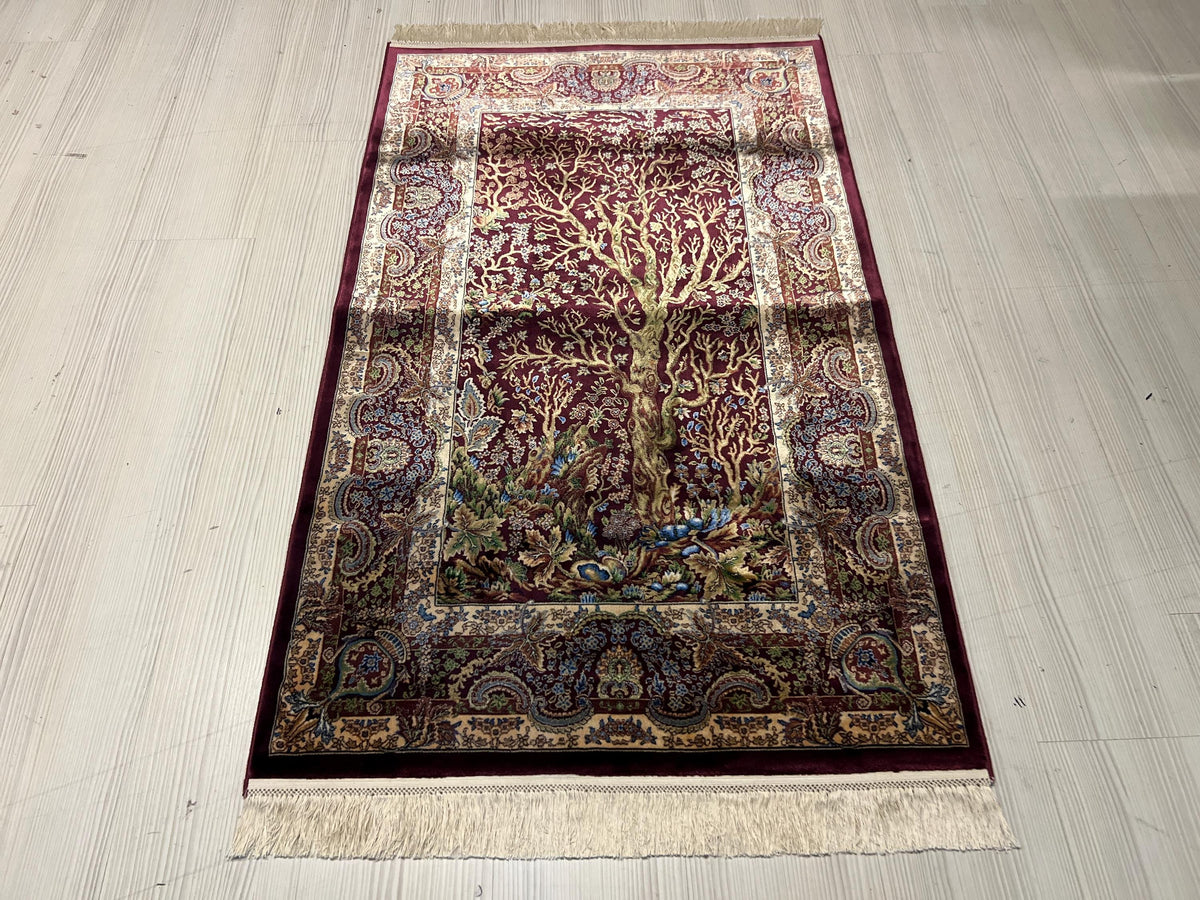 3x4 Tree Life Rug, Modal Silk Rug, Burgundy Area Carpet, Turkish Decor