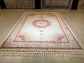 6x8 ft Cream Bamboo Silk Rug, Red Medallion Design, Turkish Living Room Decor