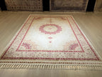 6x8 ft Cream Bamboo Silk Rug, Red Medallion Design, Turkish Living Room Decor