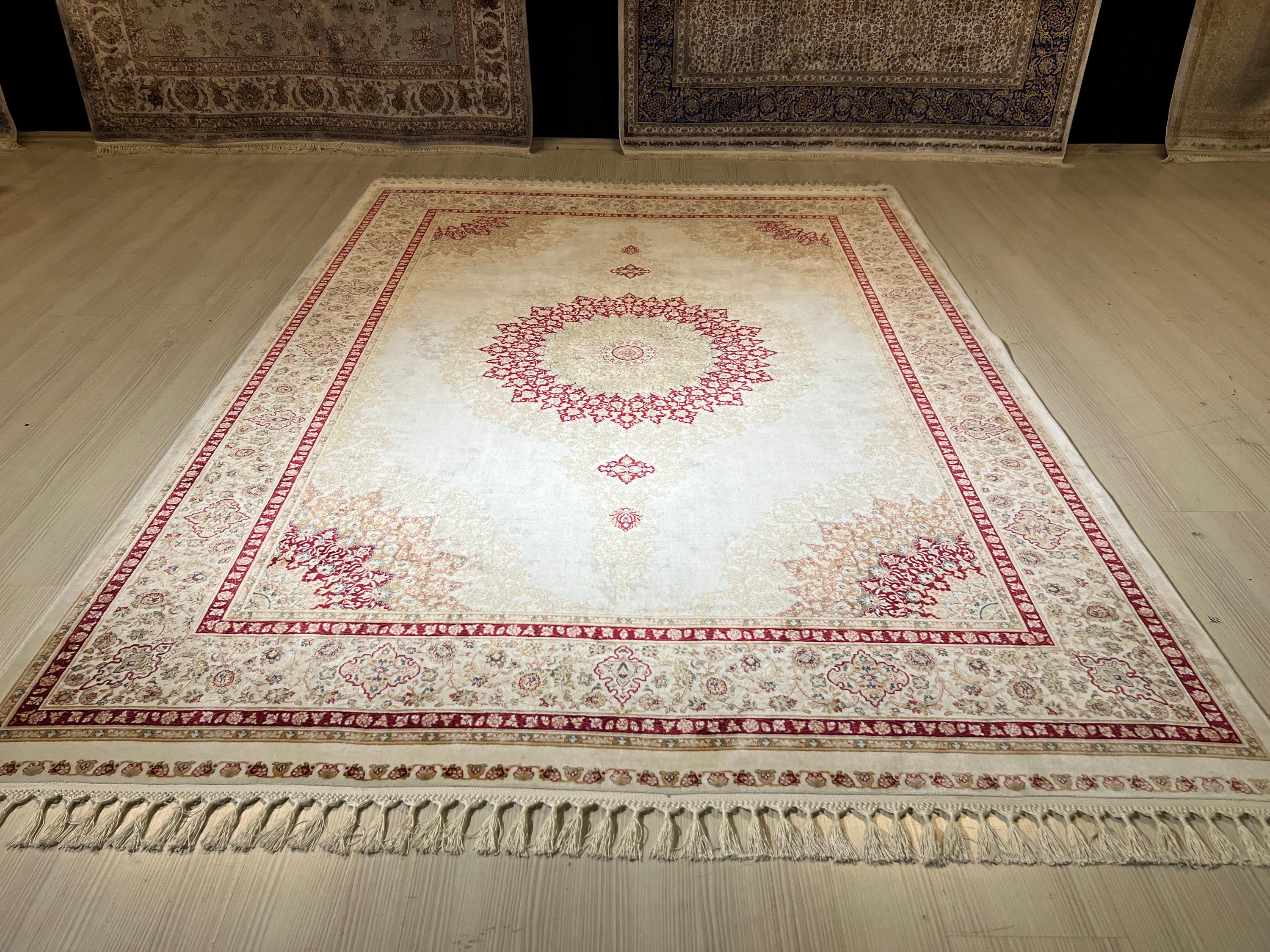 6x8 ft Cream Bamboo Silk Rug, Red Medallion Design, Turkish Living Room Decor