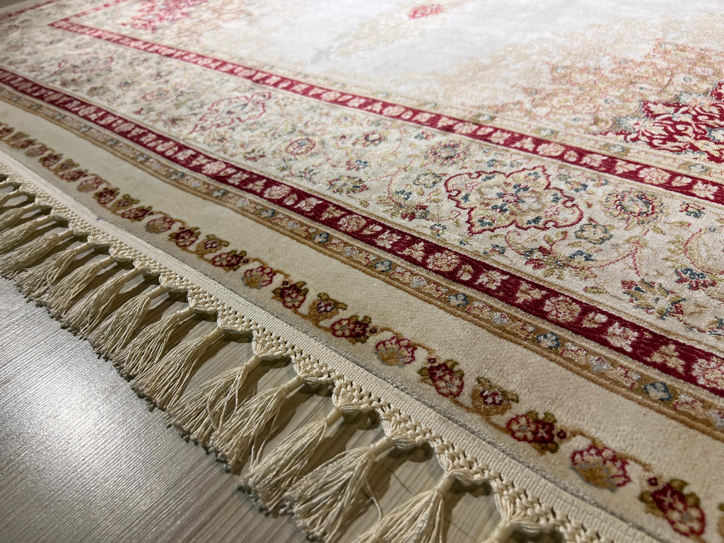 6x8 ft Cream Bamboo Silk Rug, Red Medallion Design, Turkish Living Room Decor