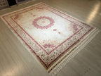 6x8 ft Cream Bamboo Silk Rug, Red Medallion Design, Turkish Living Room Decor