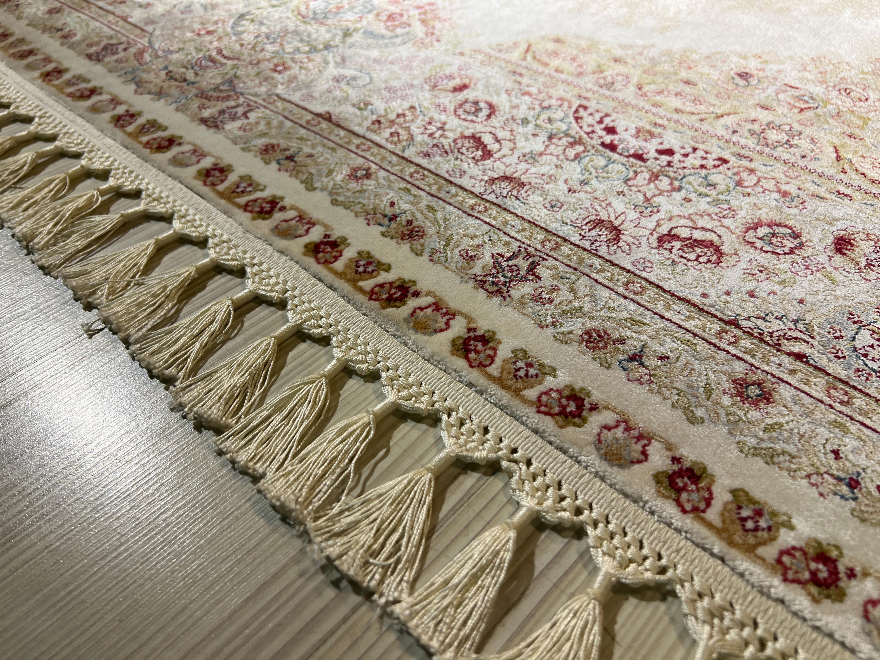 6x8 ft Cream Bamboo Silk Rug, Soft Medallion Design, Turkish Living Room Decor