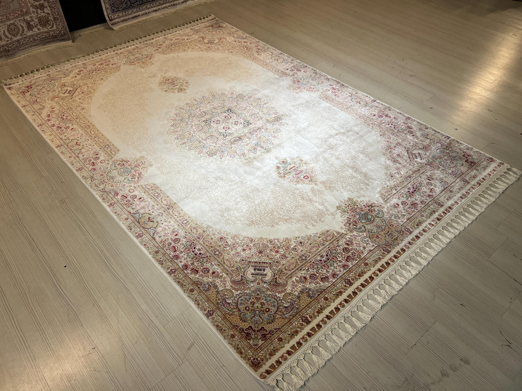 6x8 ft Cream Bamboo Silk Rug, Soft Medallion Design, Turkish Living Room Decor