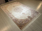 6x8 ft Cream Bamboo Silk Rug, Soft Medallion Design, Turkish Living Room Decor