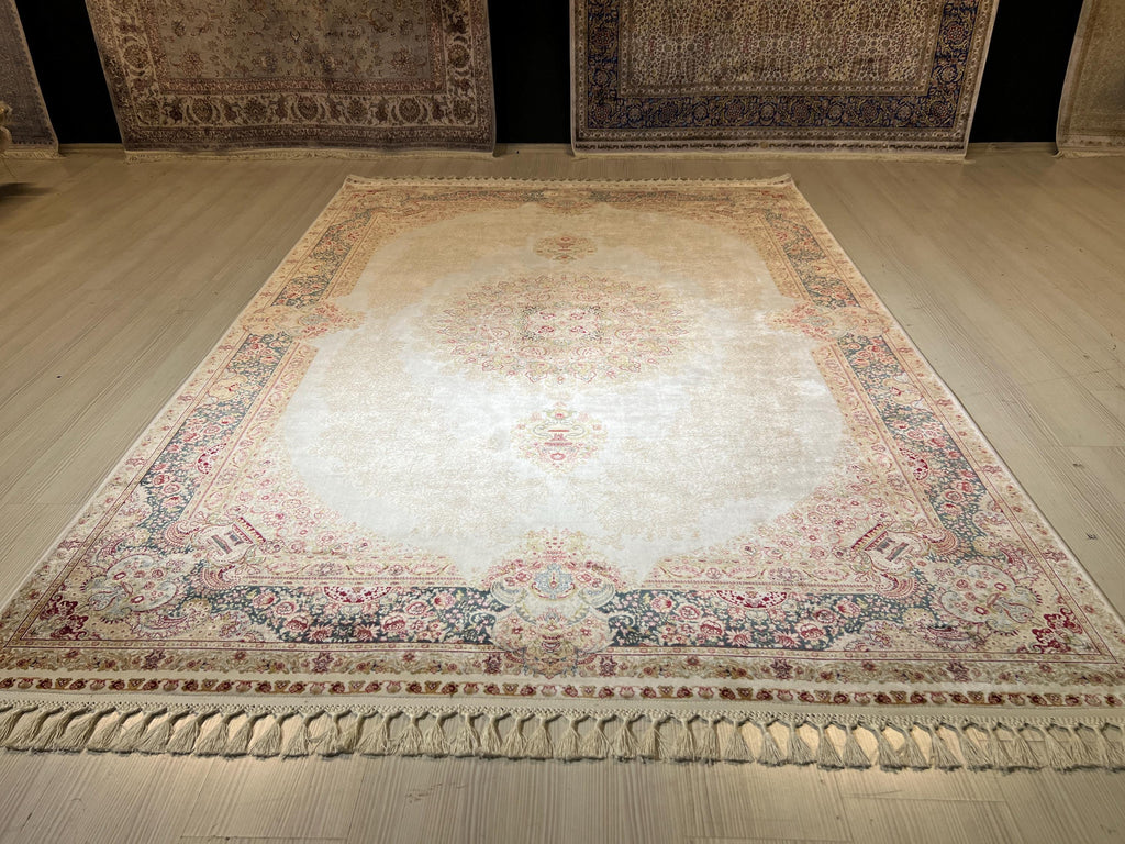 5x8 Medallion Silk Rug, Ivory Oriental Area Rug for Living Room