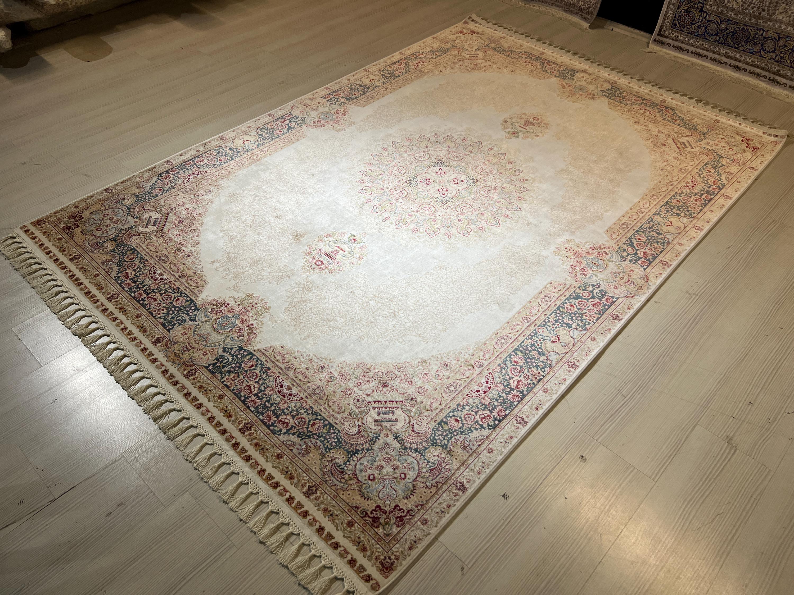 5x8 Medallion Silk Rug, Ivory Oriental Area Rug for Living Room