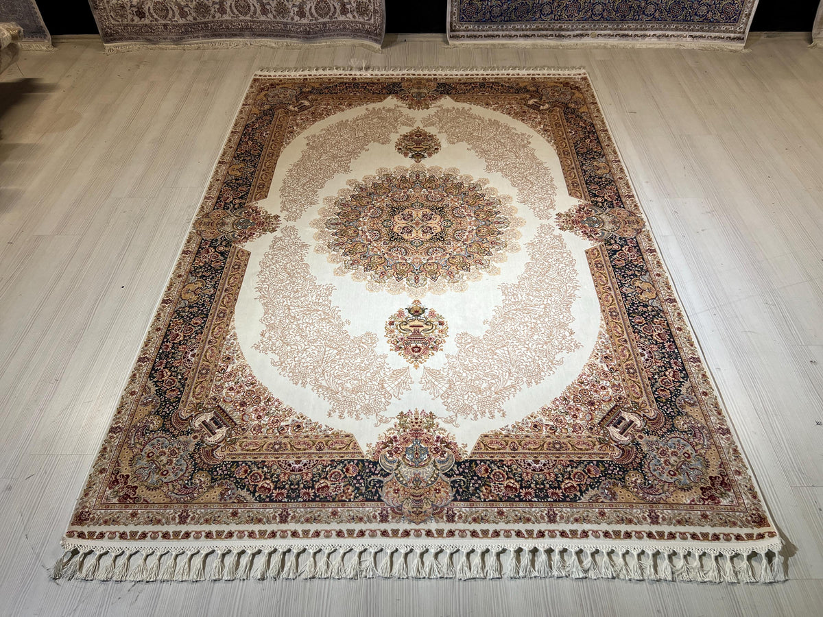 5x8 Medallion Silk Rug, Ivory Oriental Area Rug for Living Room