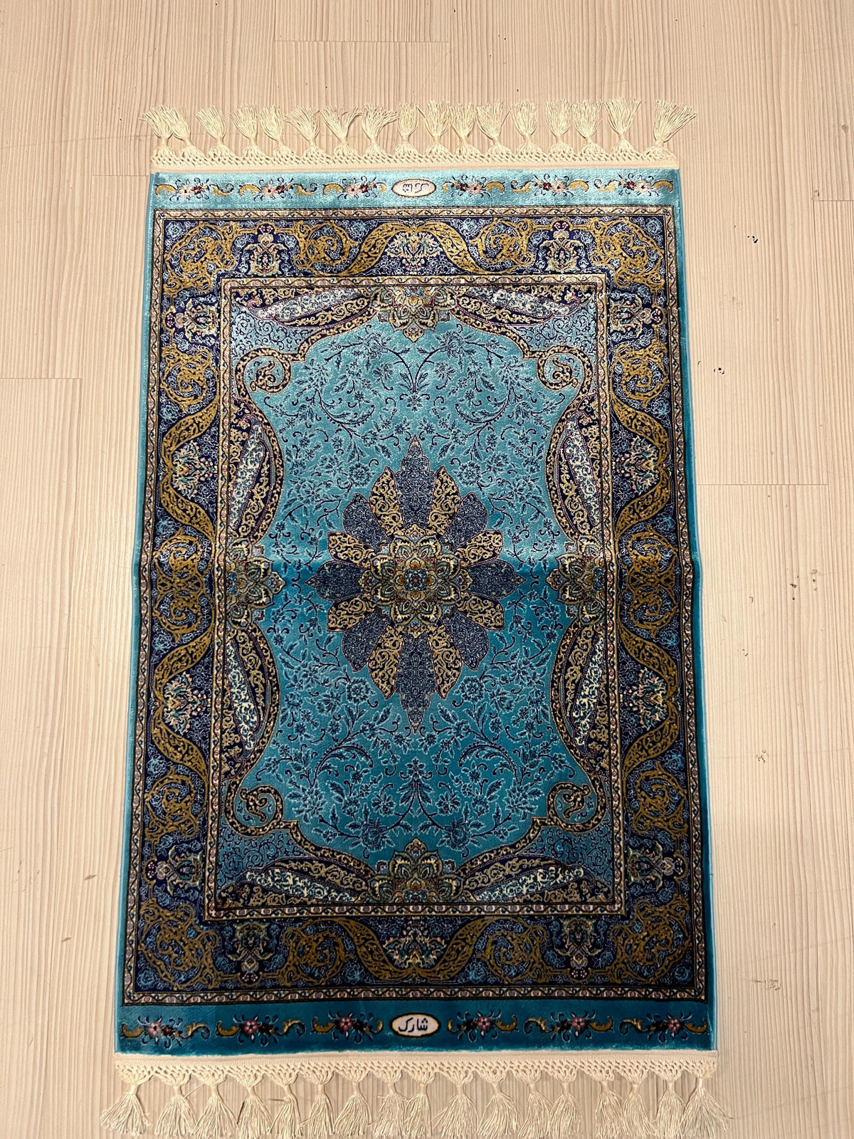 Blue Mini Silk Rug, Small Turkish Table Rug (2x3 ft)