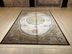 5x8 ft Cream Silk Area Rug, Floral Medallion Design, Turkish Living Room Decor