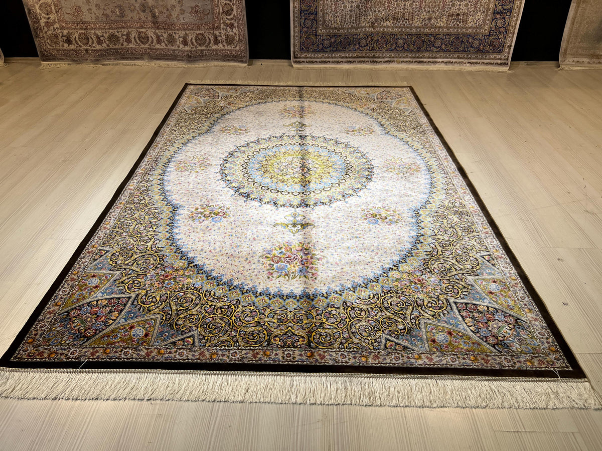 5x8 ft Cream Silk Area Rug, Floral Medallion Design, Turkish Living Room Decor