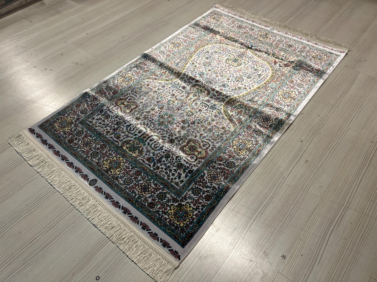 Ivory Floral Mihrab Modal Silk Rug 2.6x4.1 ft, Prayer Design Accent Area Rug