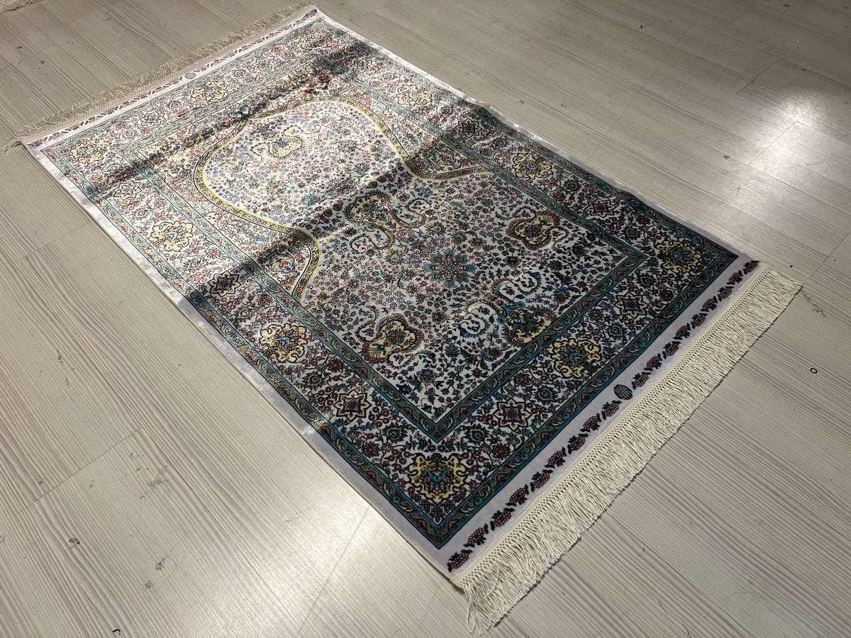 Ivory Floral Mihrab Modal Silk Rug 2.6x4.1 ft, Prayer Design Accent Area Rug