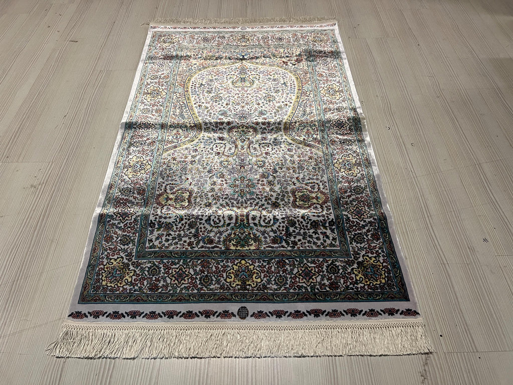 Ivory Floral Mihrab Modal Silk Rug 2.6x4.1 ft, Prayer Design Accent Area Rug