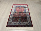 Red Blue Bamboo Silk Prayer Rug, Luxury Janamaz (2.62X4.10 ft)