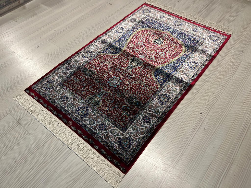 Red Blue Bamboo Silk Prayer Rug, Luxury Janamaz (2.62X4.10 ft)