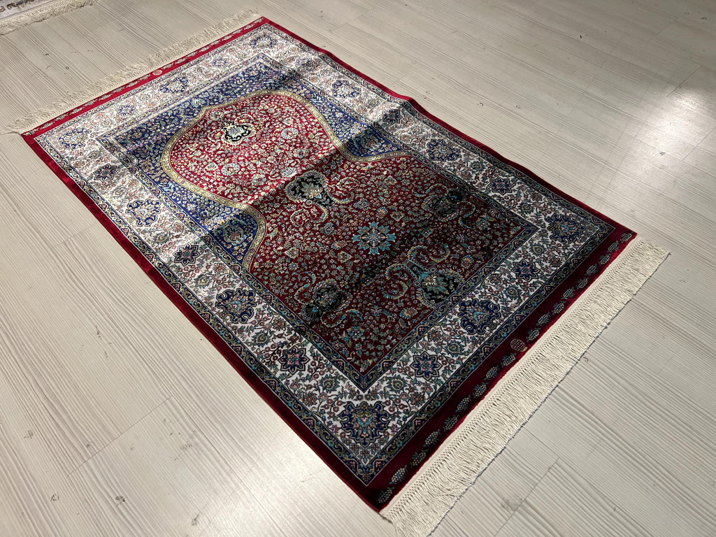 Red Blue Bamboo Silk Prayer Rug, Luxury Janamaz (2.62X4.10 ft)