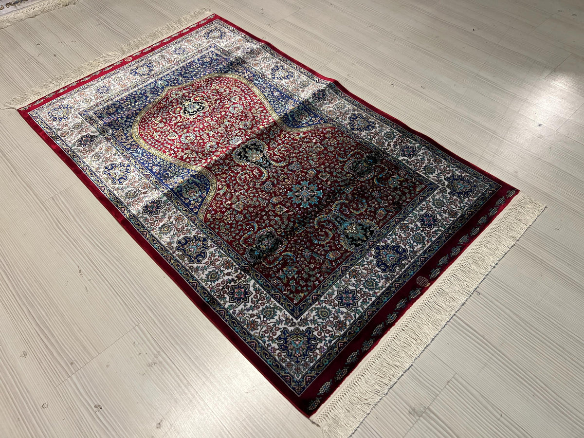 Red Blue Bamboo Silk Prayer Rug, Luxury Janamaz (2.62X4.10 ft)