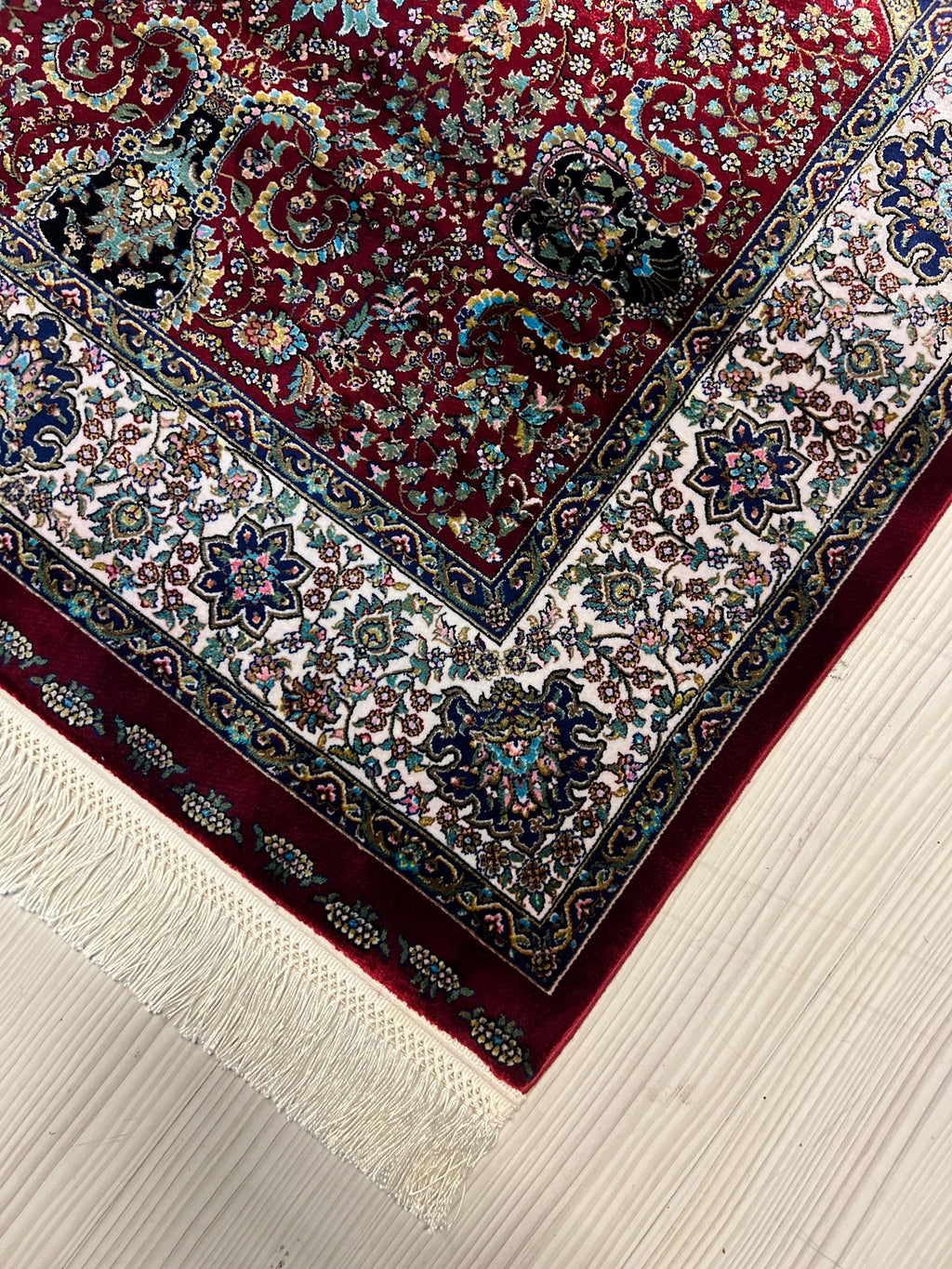 Red Blue Bamboo Silk Prayer Rug, Luxury Janamaz (2.62X4.10 ft)