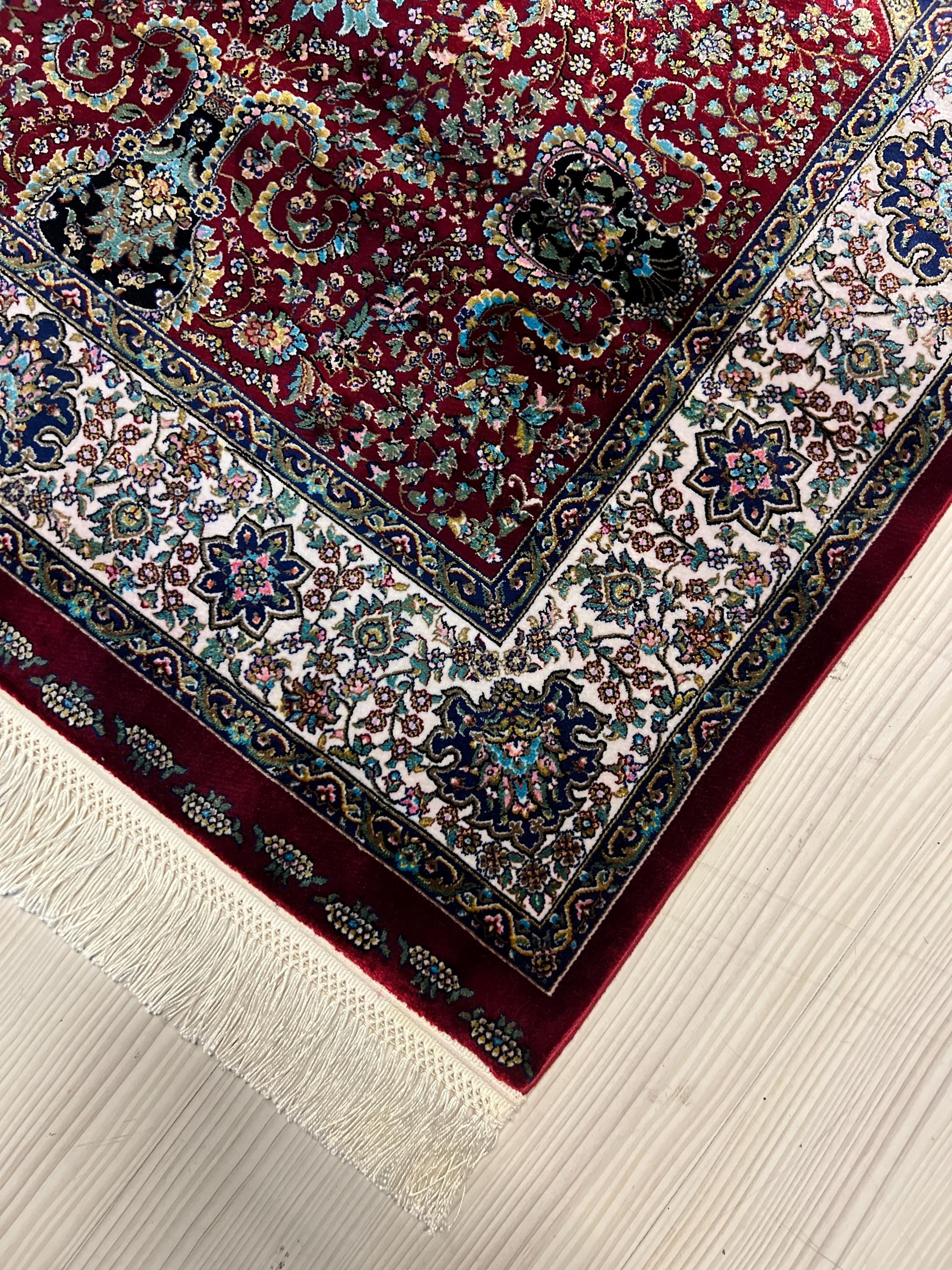 Red Blue Bamboo Silk Prayer Rug, Luxury Janamaz (2.62X4.10 ft)