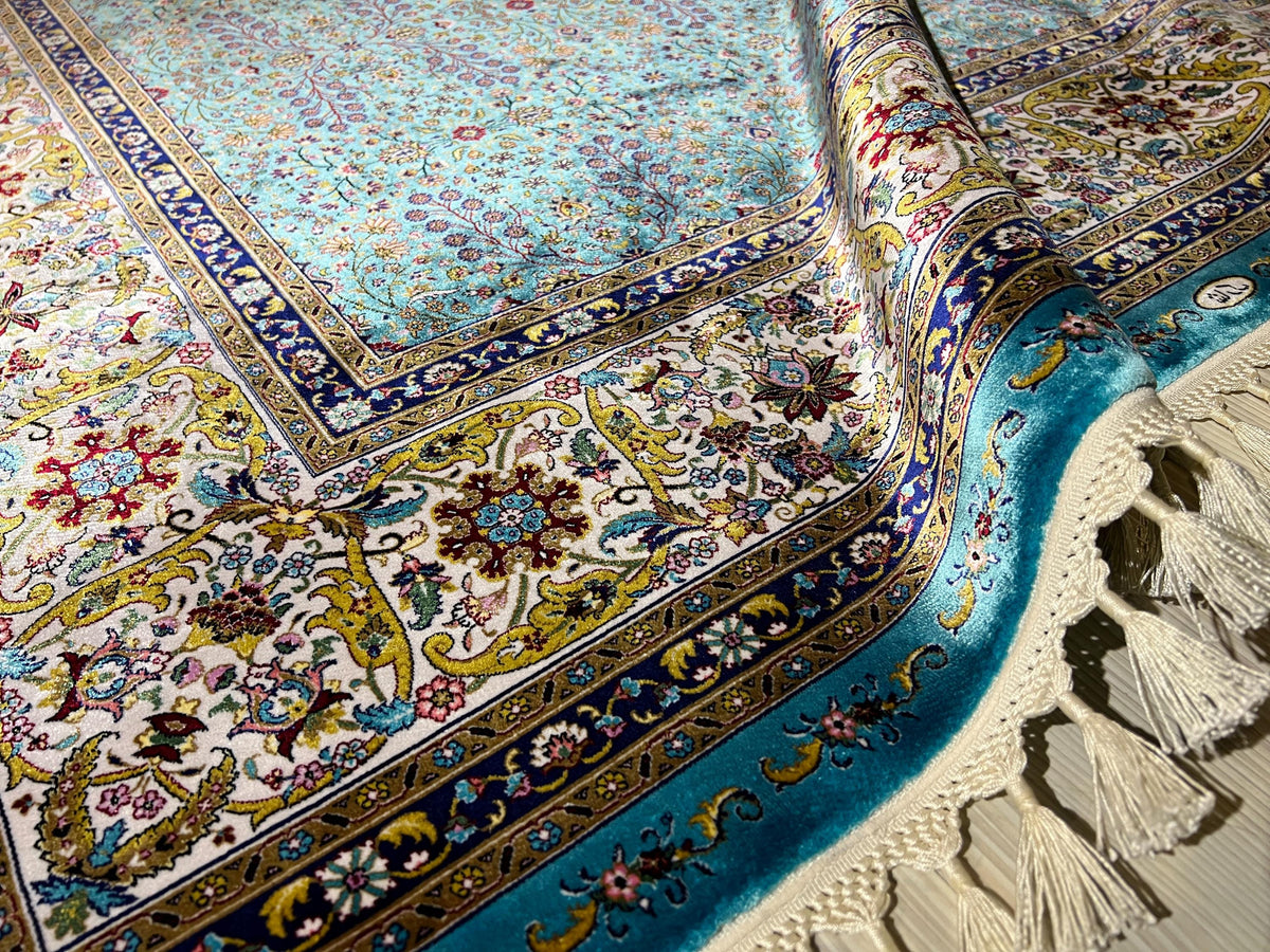 5x8 ft Turquoise Floral Field Modal Silk Rug, Turkish Living Room Rug
