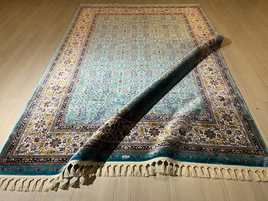 5x8 ft Turquoise Floral Field Modal Silk Rug, Turkish Living Room Rug