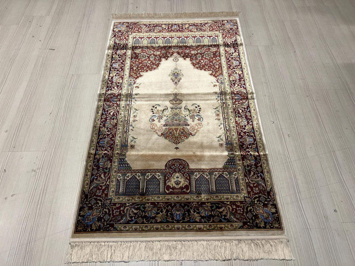 3x4 ft Modal Silk Prayer Rug, Mihrab Floral Turkish Prayer Mat
