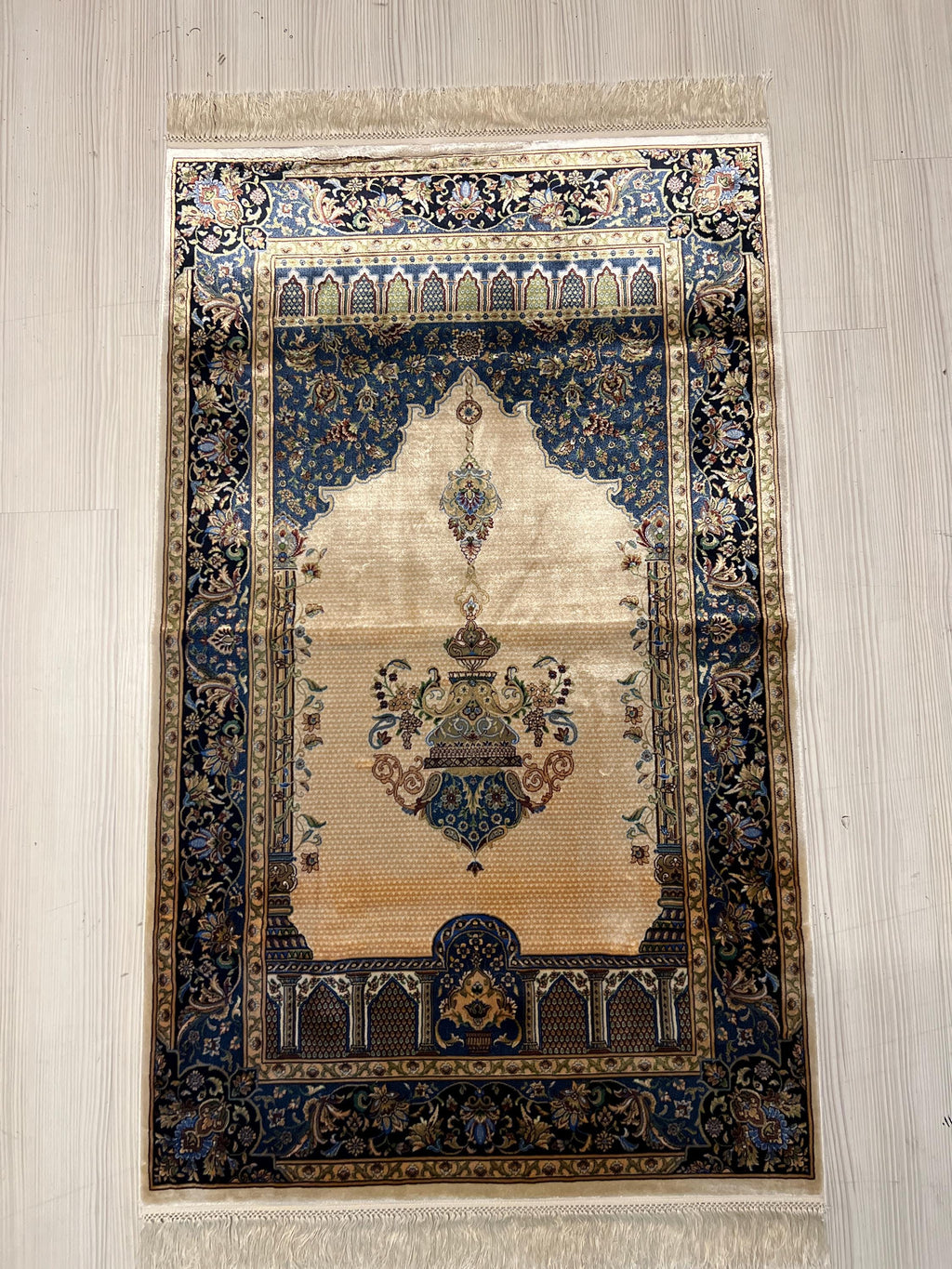 Beige İslamic Silk Prayer Mat, Muslim Gift Prayer Rug