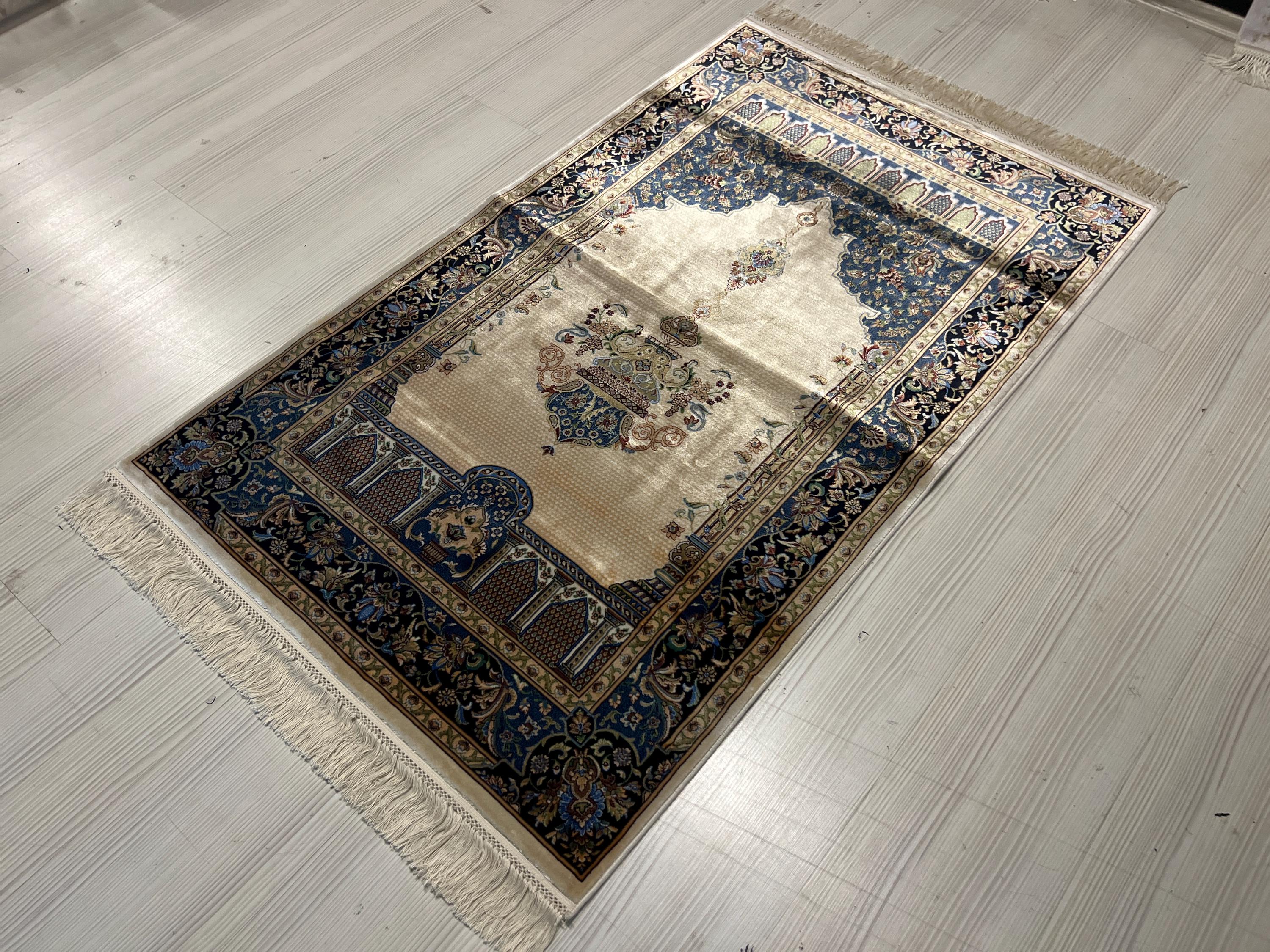 Beige İslamic Silk Prayer Mat, Muslim Gift Prayer Rug