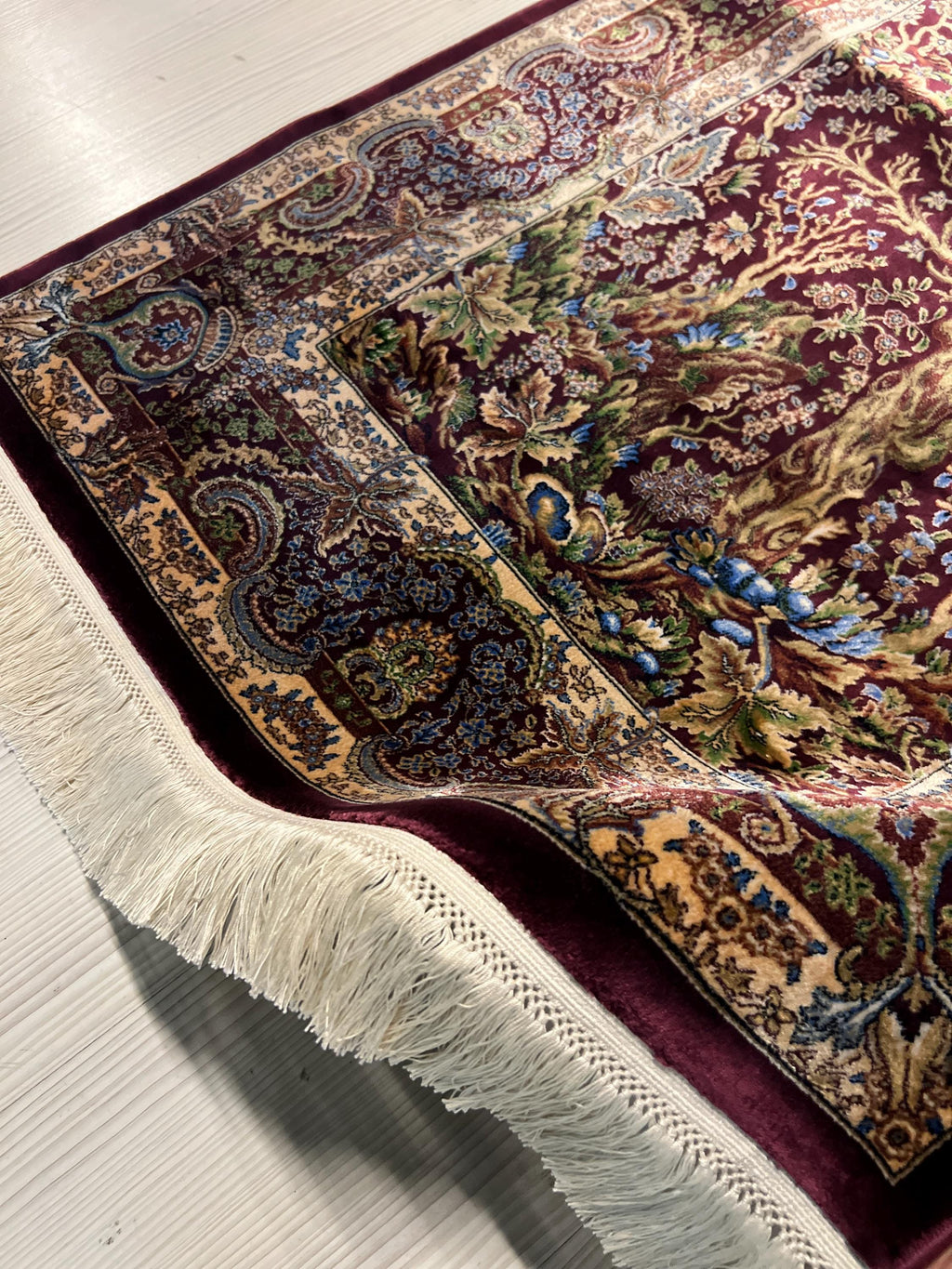 3x4 Tree Life Rug, Modal Silk Rug, Burgundy Area Carpet, Turkish Decor
