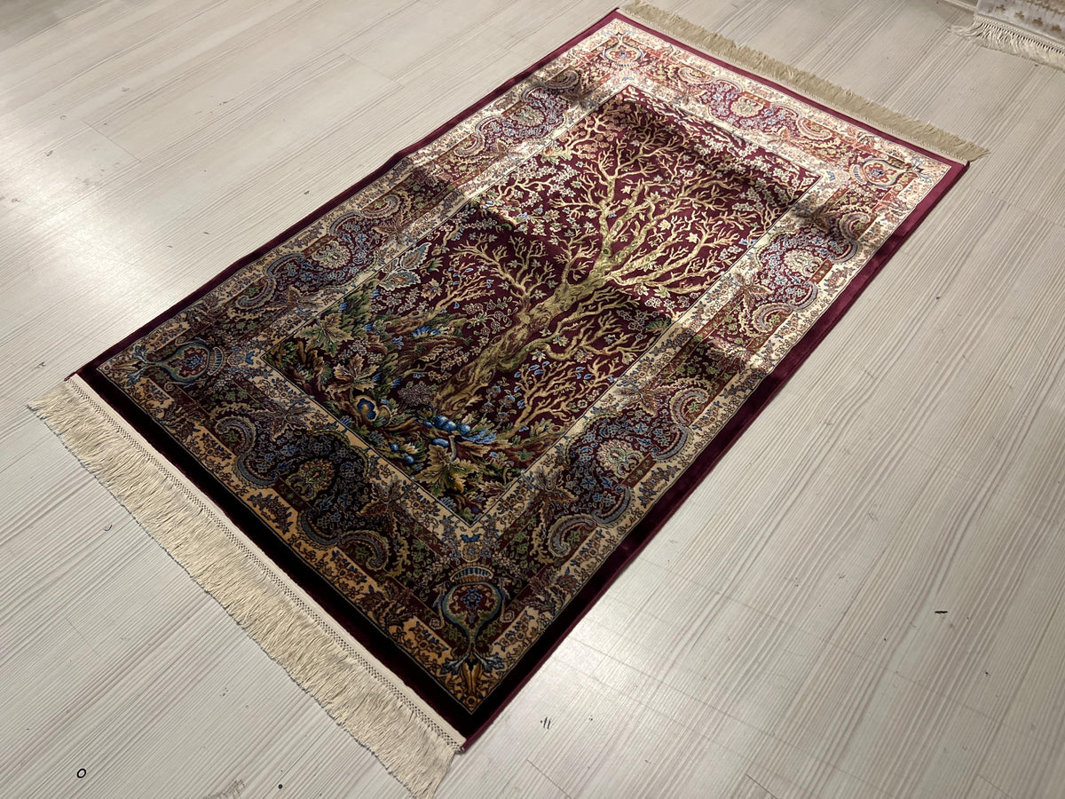 3x4 Tree Life Rug, Modal Silk Rug, Burgundy Area Carpet, Turkish Decor