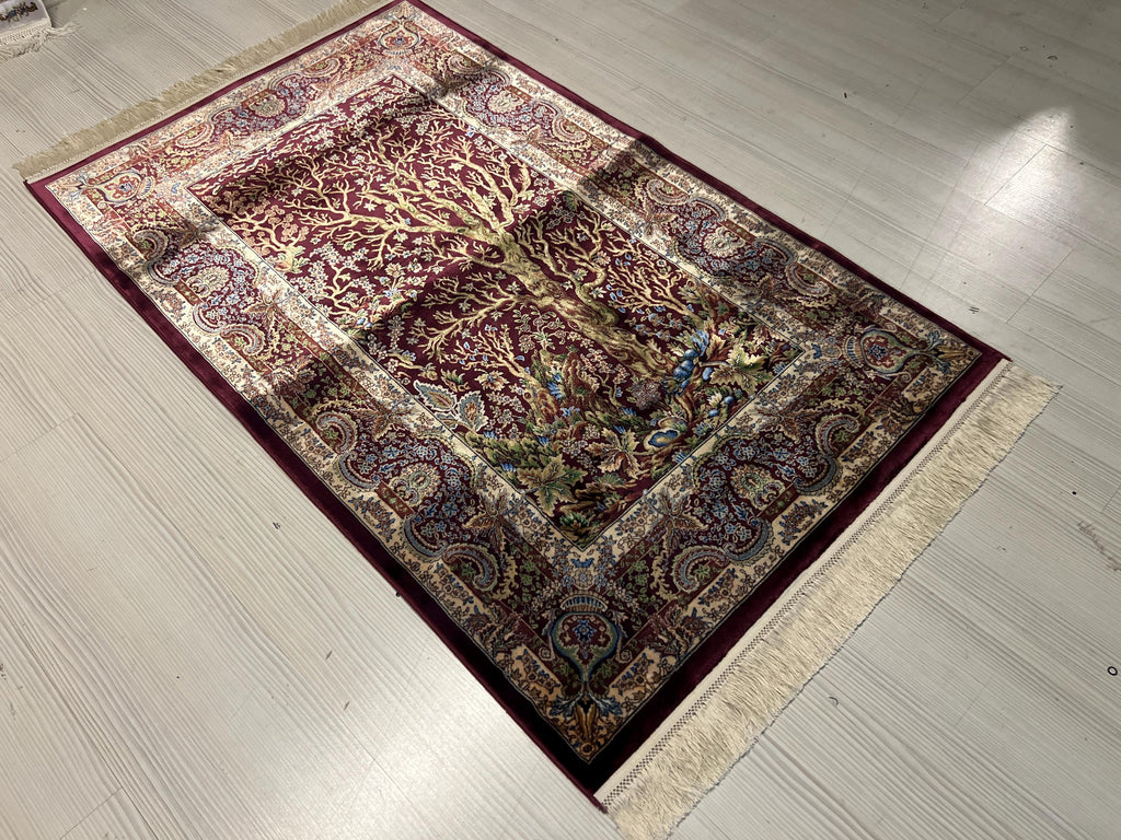 3x4 Tree Life Rug, Modal Silk Rug, Burgundy Area Carpet, Turkish Decor