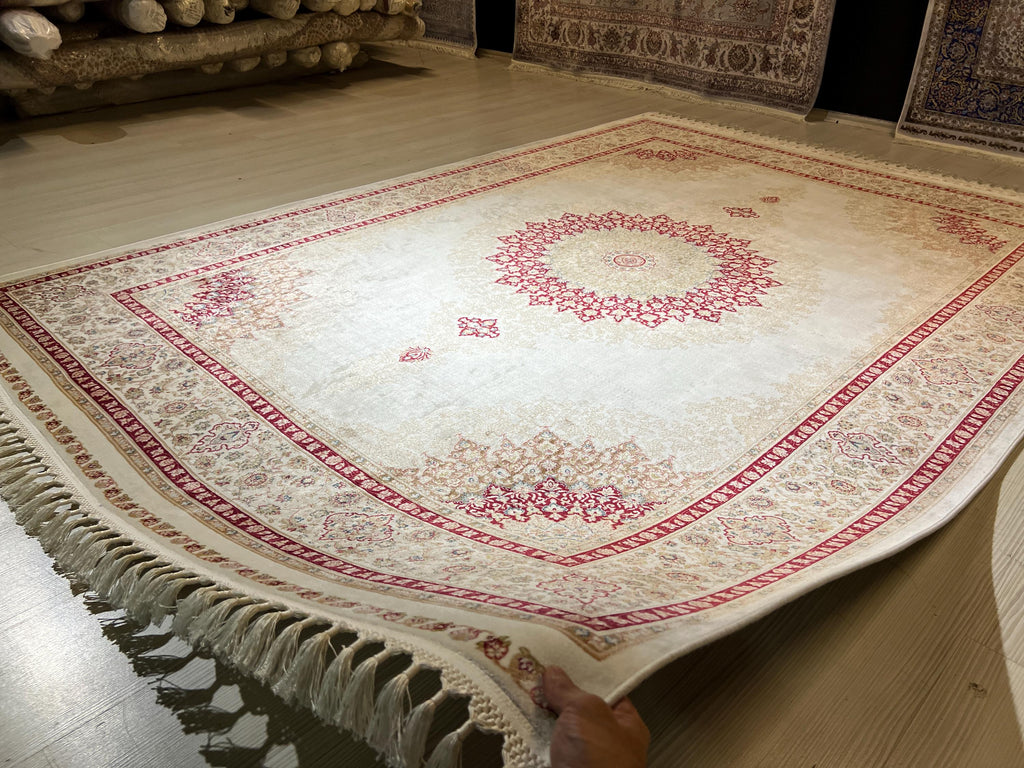 6x8 ft Cream Bamboo Silk Rug, Red Medallion Design, Turkish Living Room Decor