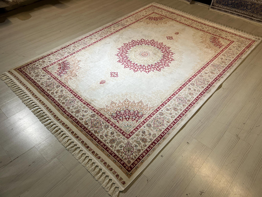 6x8 ft Cream Bamboo Silk Rug, Red Medallion Design, Turkish Living Room Decor